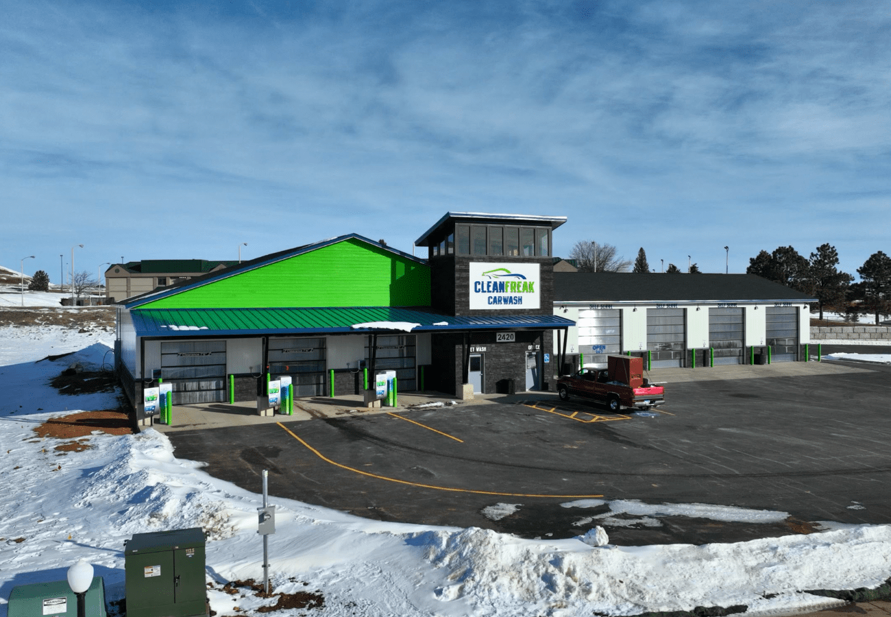 Finished commercial custom building project, CleanFreak Carwash, constructed by Homestead Builders in Spearfish, SD.