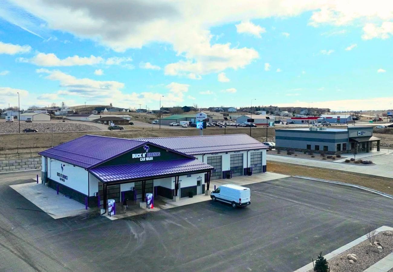 Newly constructed commercial building, Buck N Broncs Car Wash, built by Homestead Builders in Belle Fourche, South Dakota.