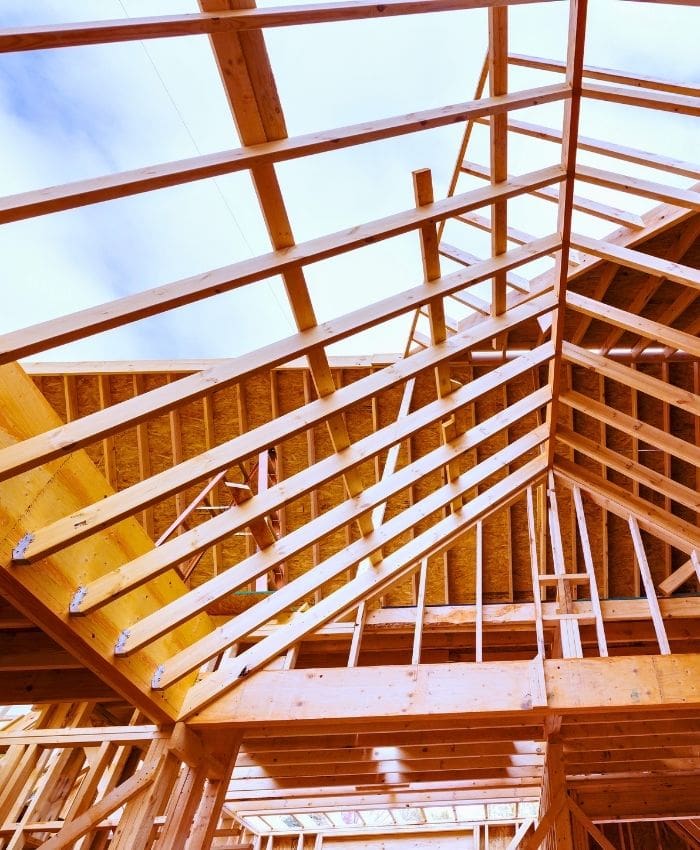 Upwards view of rafters during custom home construction in the Black Hills of South Dakota